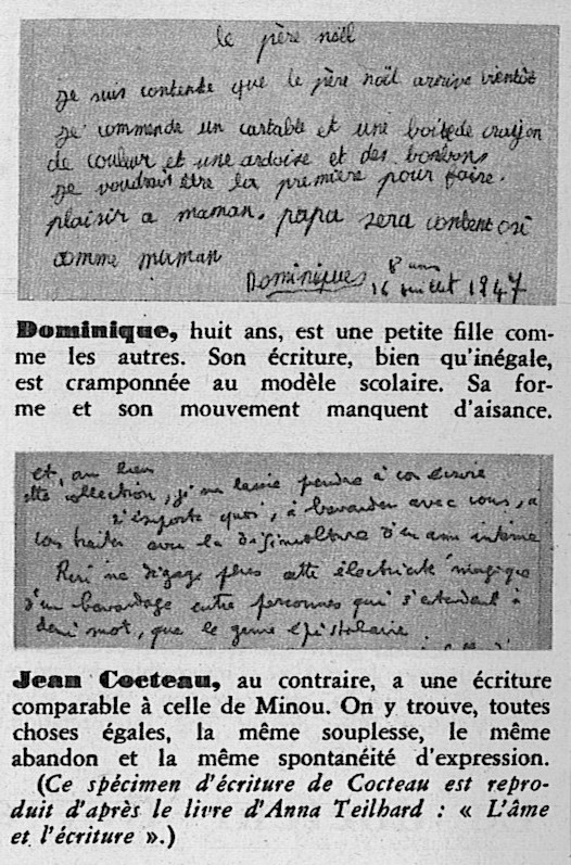 Spécimens d'écriture d'une fillette de 8 ans et de Jean Cocteau
