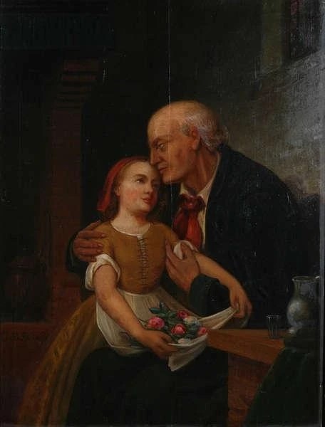 Jan Baptist De Weert - Interior with young girl, flowers in her apron and old man