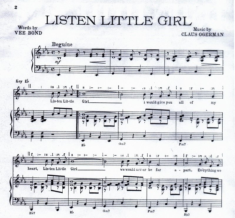 Music score of the song Listen Little Girl